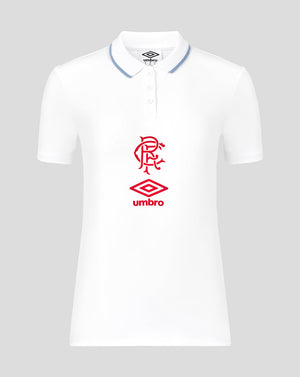 White Rangers women's travel short sleeve polo with a blue trimmed collar and front placket