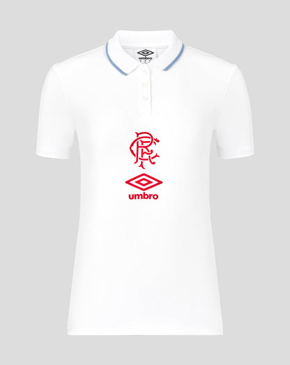 White Rangers women's travel short sleeve polo with a blue trimmed collar and front placket