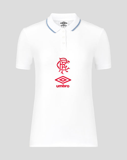 White Rangers women's travel short sleeve polo with a blue trimmed collar and front placket
