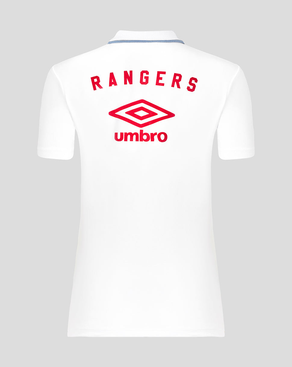 Back view of white Rangers travel polo with large red club crest and Umbro logo.
