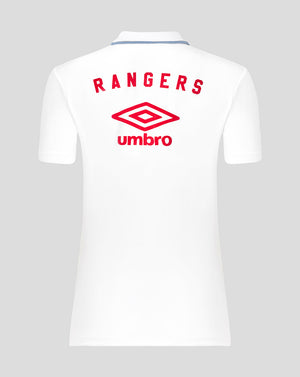 Back view of white Rangers travel polo with large red club crest and Umbro logo.