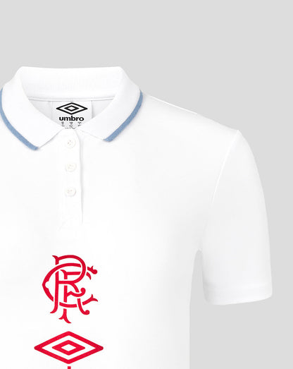 Close up of white polo collar with light blue trim and three button placket, front red Rangers crest.