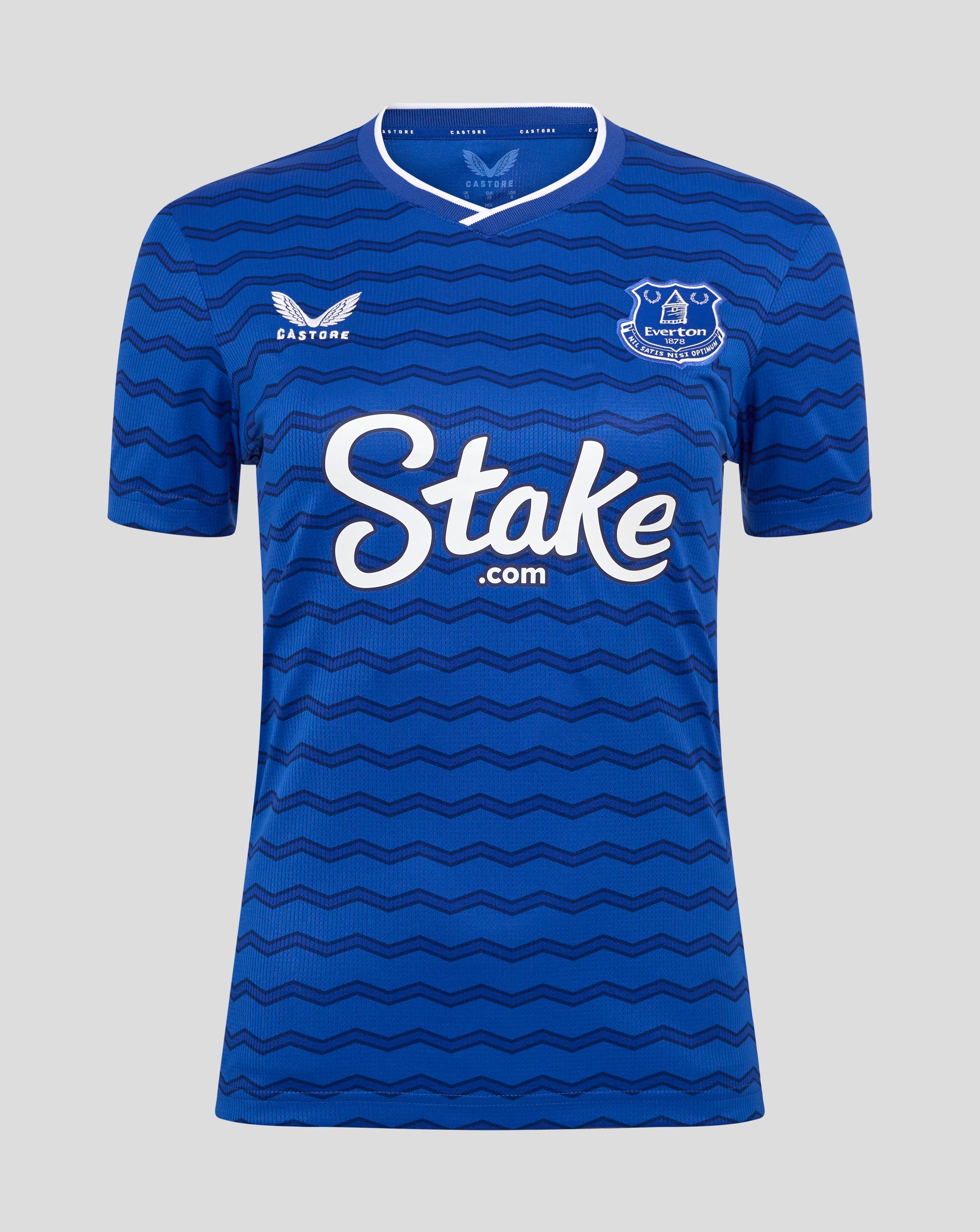 Blue Everton women's home shirt with a wavy pattern, club crest on the chest, Castore logo and Stake sponsor across front