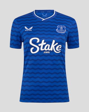 Blue Everton women's home shirt with a wavy pattern, club crest on the chest, Castore logo and Stake sponsor across front