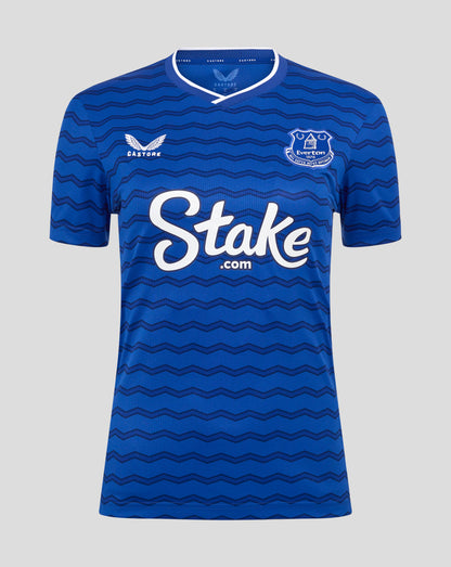 Blue Everton women's home shirt with a wavy pattern, club crest on the chest, Castore logo and Stake sponsor across front