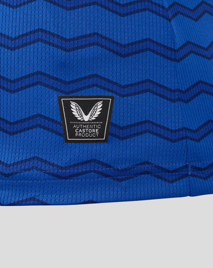 Close up of blue Everton women's 25/26 home shirt fabric with dark chevron waves and a black patch featuring white wings and Authentic Castore Product text.