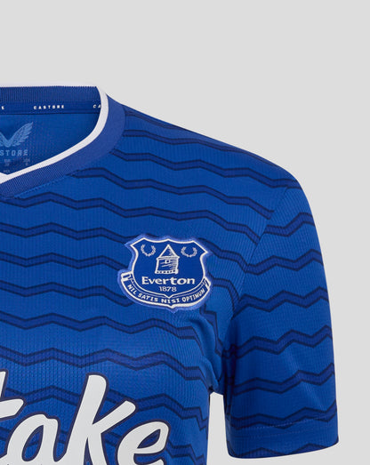 Everton FC women's 25/26 home shirt in blue with white collar trim and club crest on chest.