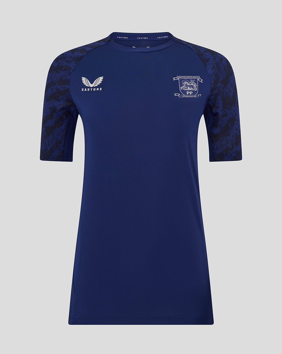 Front view of blue Preston North End women's training T shirt with crest on left chest and printed sleeve.