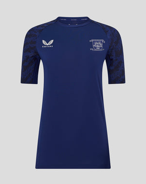 Front view of blue Preston North End women's training T shirt with crest on left chest and printed sleeve.
