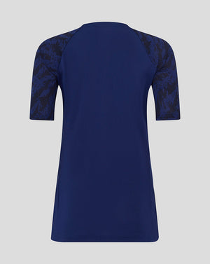 Back view of blue Preston North End women's training T shirt with camo sleeves.