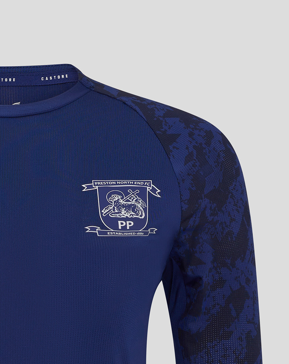 Front view of Preston Womens blue training T shirt with club crest on chest and Castore logo on opposite side
