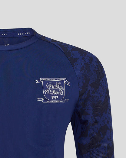 Front view of Preston Womens blue training T shirt with club crest on chest and Castore logo on opposite side