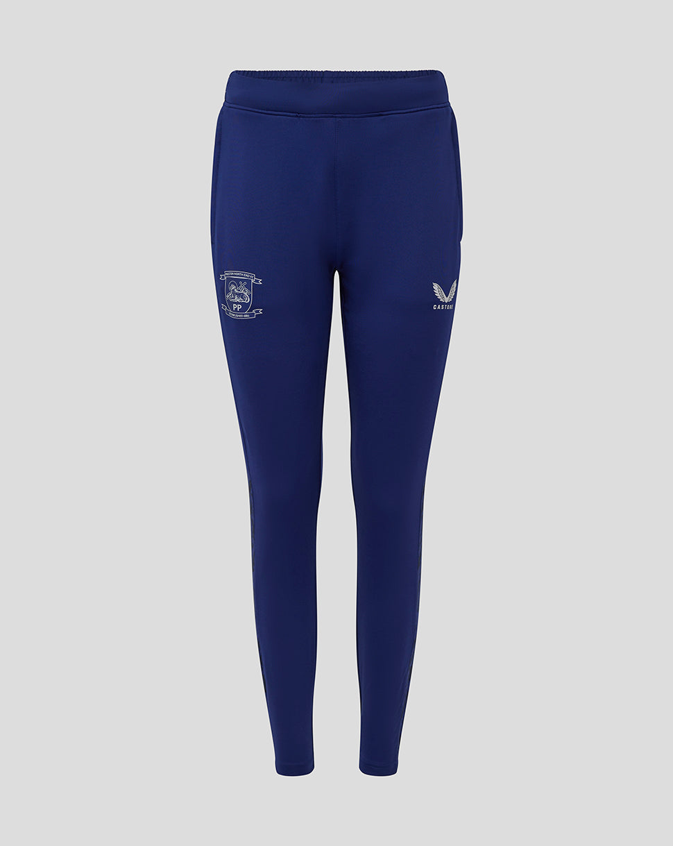 Front view of blue Preston women's training knit pants with pockets and club crest