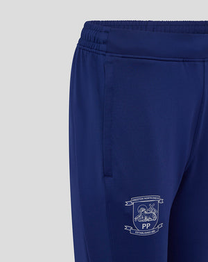 Waistband detail on blue Preston training pants with elastic band and internal drawcords