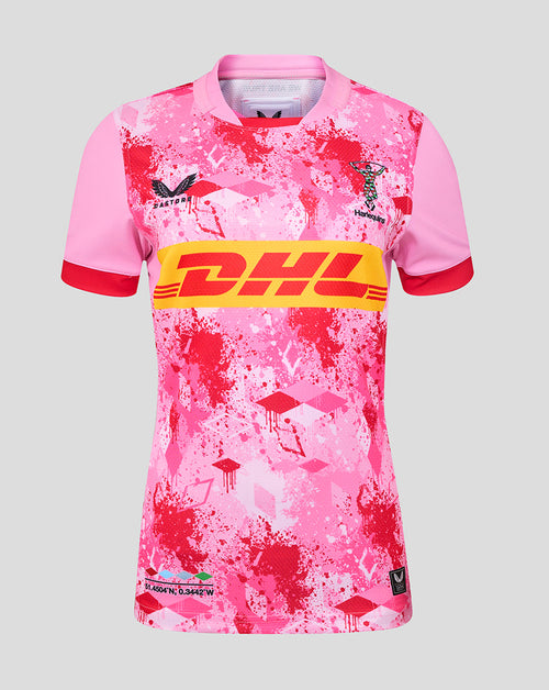 Front view of Harlequins Women 25/26 Away Pro Shirt in pink splatter print with DHL chest band