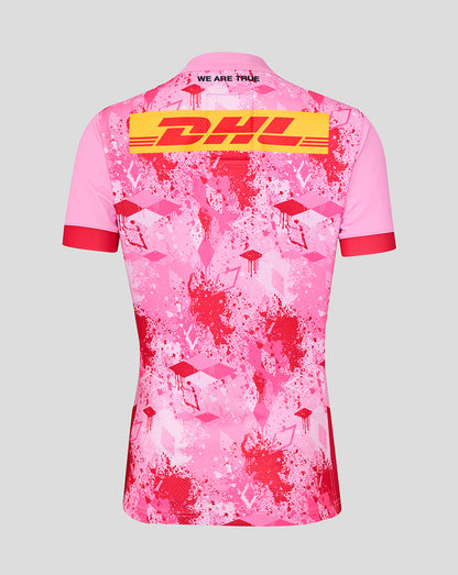 Back view of Harlequins Women 25/26 Away Pro Shirt with bold DHL logo across the back and WE ARE TRUE at the collar