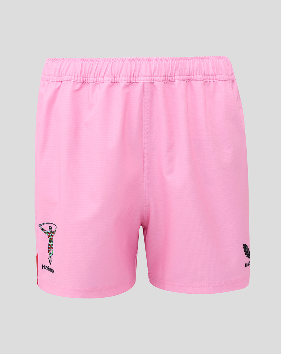 Back view of pink Harlequins Pro shorts with small logos on each leg and an elastic waistband