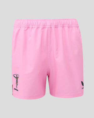 Back view of pink Harlequins Pro shorts with small logos on each leg and an elastic waistband