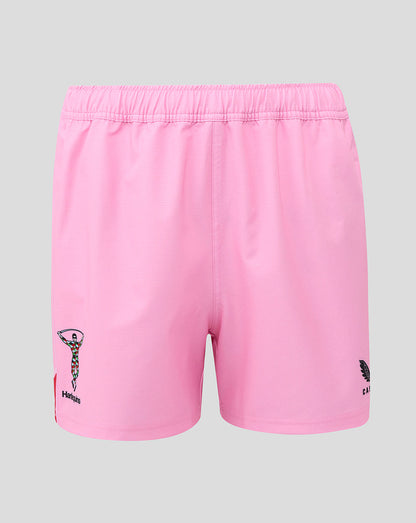 Back view of pink Harlequins Pro shorts with small logos on each leg and an elastic waistband