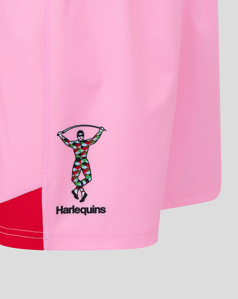 Pink Harlequins away shorts with a Harlequins logo near the hem