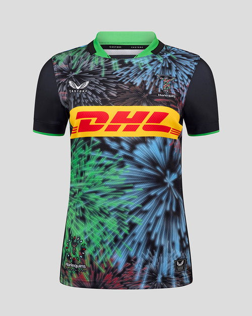 Front view of Harlequins Women's Big Game Pro Shirt with fireworks print, crest on the chest and DHL sponsor.