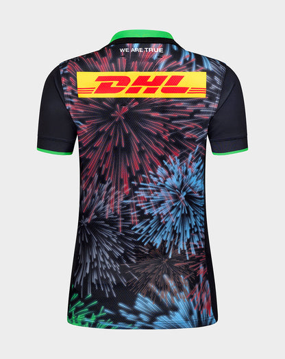 Back view of Harlequins Women's Big Game Pro Shirt with a multicolored fireworks print and a bold DHL banner across the back
