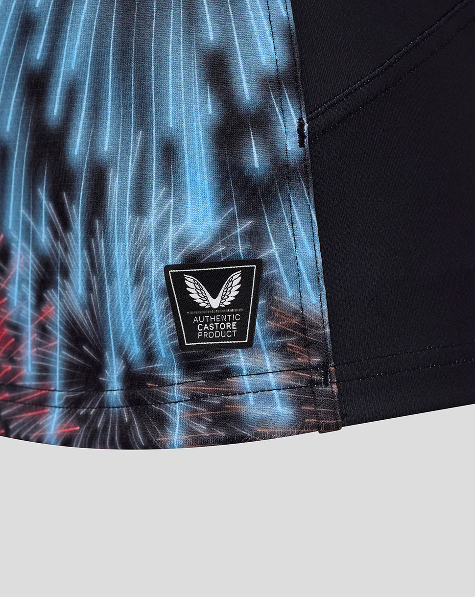 Harlequins Pro Shirt hem area with Authentic Castore Product patch on blue printed panel.