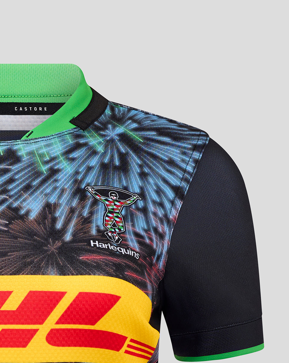 Harlequins Women’s Big Game Pro Shirt with fireworks motif, Harlequins crest on chest and bold yellow DHL graphic.