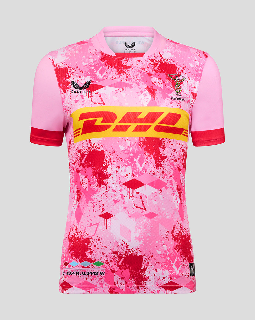 Harlequins Women's Away Replica Shirt in vivid pink with DHL sponsor across the chest