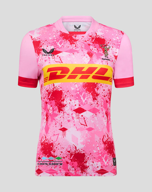 Harlequins Women's Away Replica Shirt in vivid pink with DHL sponsor across the chest