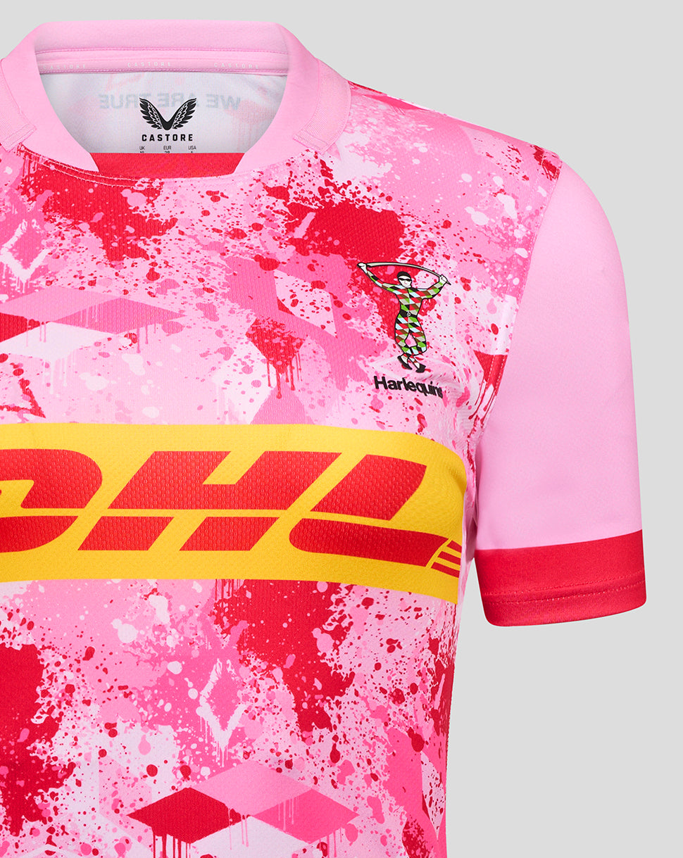 Harlequins away replica shirt pink splatter print with yellow DHL band and club crest on chest