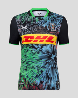 Front of Harlequins Women's 25/26 Big Game Replica Shirt with a fireworks print, DHL band logo and club crest.
