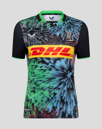 Front of Harlequins Women's 25/26 Big Game Replica Shirt with a fireworks print, DHL band logo and club crest.