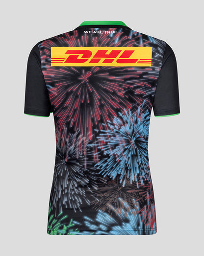 Back view of Harlequins women's 25/26 Big Game Replica Shirt with a fireworks pattern and a prominent DHL sponsor across the upper back.