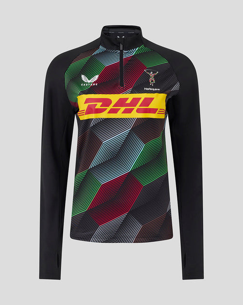 Harlequins Women's 25/26 Matchday Midlayer Top with black sleeves bold geometric print and large DHL logo across the chest
