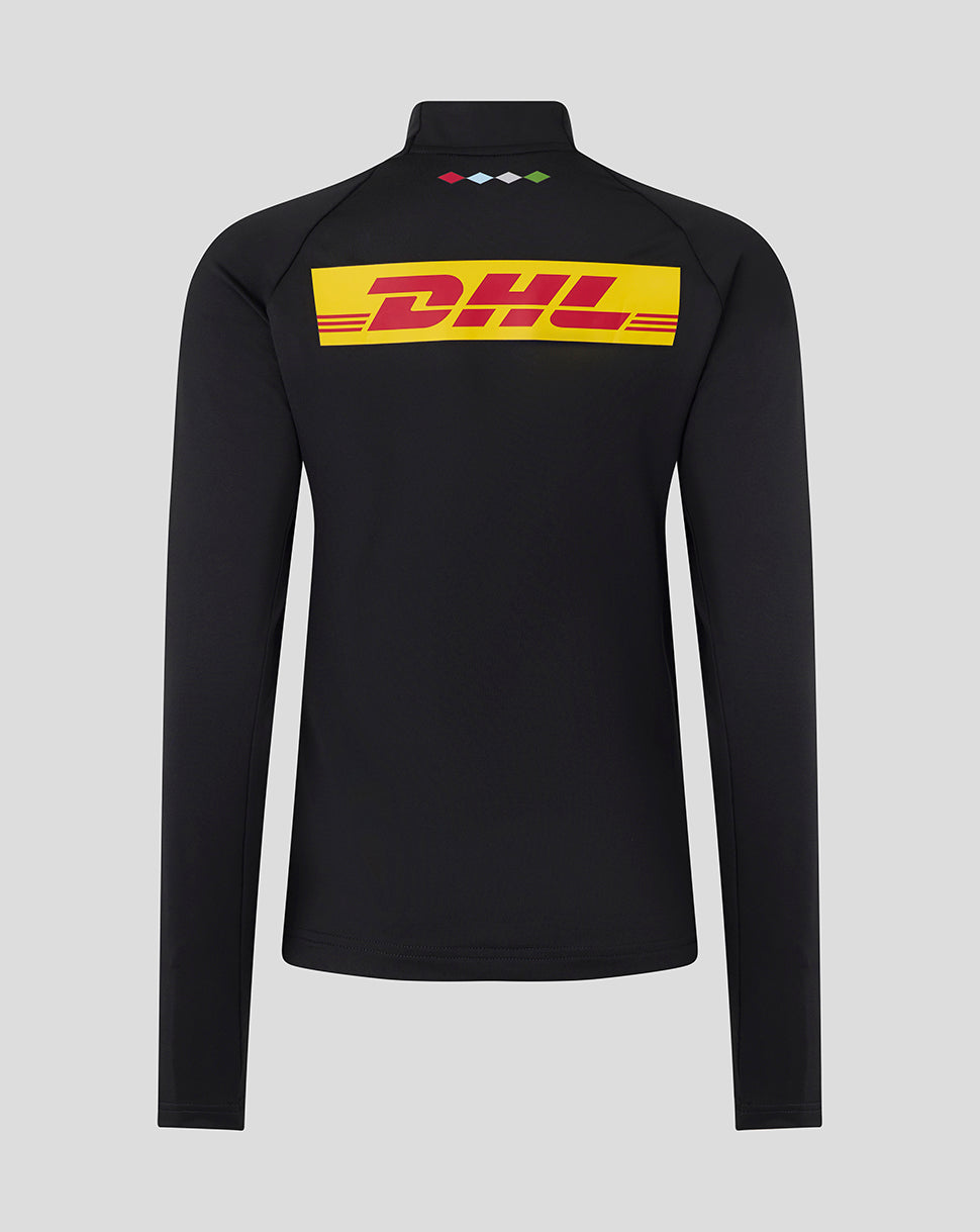 Back view of a black Harlequins Matchday midlayer top with a bold yellow DHL logo across the back.