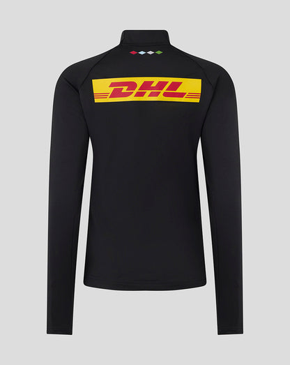 Back view of a black Harlequins Matchday midlayer top with a bold yellow DHL logo across the back.