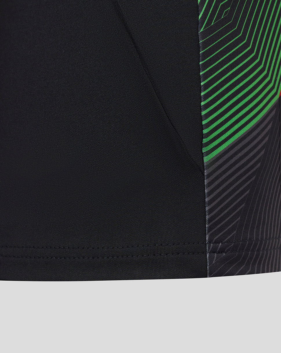 Close-up of Harlequins midlayer fabric showing a black base with neon green striped panel.