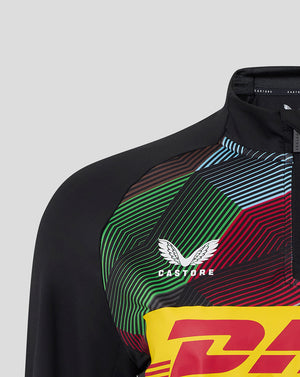 Harlequins Women's 25/26 Matchday Midlayer Top close-up of upper chest with crest and bold multi color geometric print