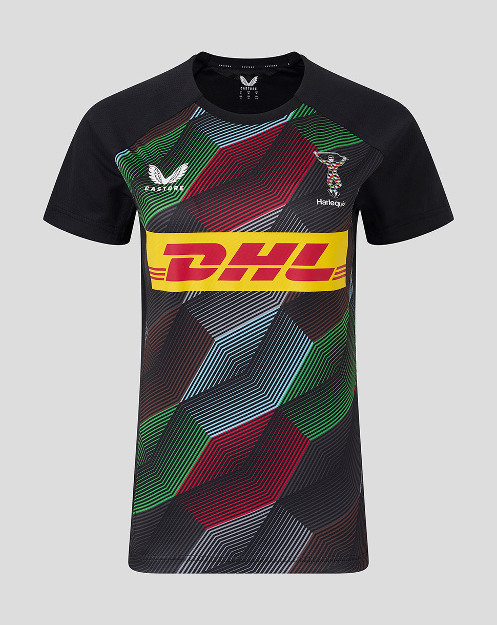 Front view of Harlequins 25/26 Matchday Short Sleeve Tee featuring a multicolor geometric pattern and the DHL logo across the chest.