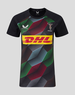Front view of Harlequins 25/26 Matchday Short Sleeve Tee featuring a multicolor geometric pattern and the DHL logo across the chest.