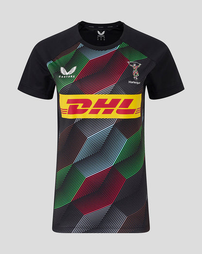Front view of Harlequins 25/26 Matchday Short Sleeve Tee featuring a multicolor geometric pattern and the DHL logo across the chest.