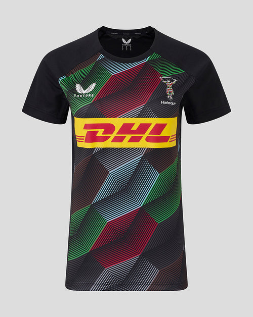 Front view of Harlequins 25/26 Matchday Short Sleeve Tee featuring a multicolor geometric pattern and the DHL logo across the chest.
