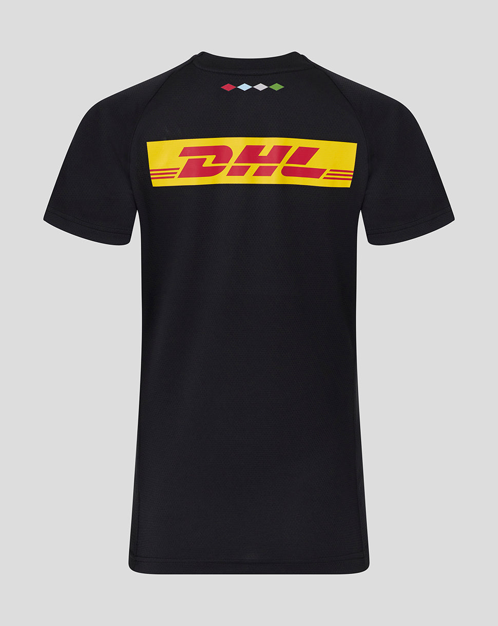 Back view of a black Harlequins short sleeve tee with a bold yellow DHL logo across the upper back.