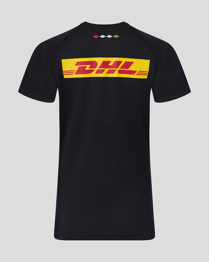 Back view of a black Harlequins short sleeve tee with a bold yellow DHL logo across the upper back.