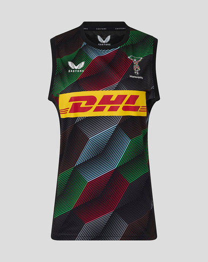 Harlequins 25/26 Matchday sleeveless tee with bold multicolor geometric pattern and DHL logo across the chest