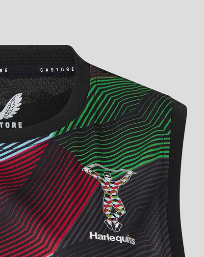 Harlequins mascot graphic on the colorful geometric tee with the Harlequins name