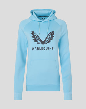 Front view of light blue Harlequins womens presentation hoodie featuring large winged logo and branding