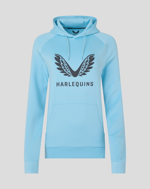 Front view of light blue Harlequins womens presentation hoodie featuring large winged logo and branding