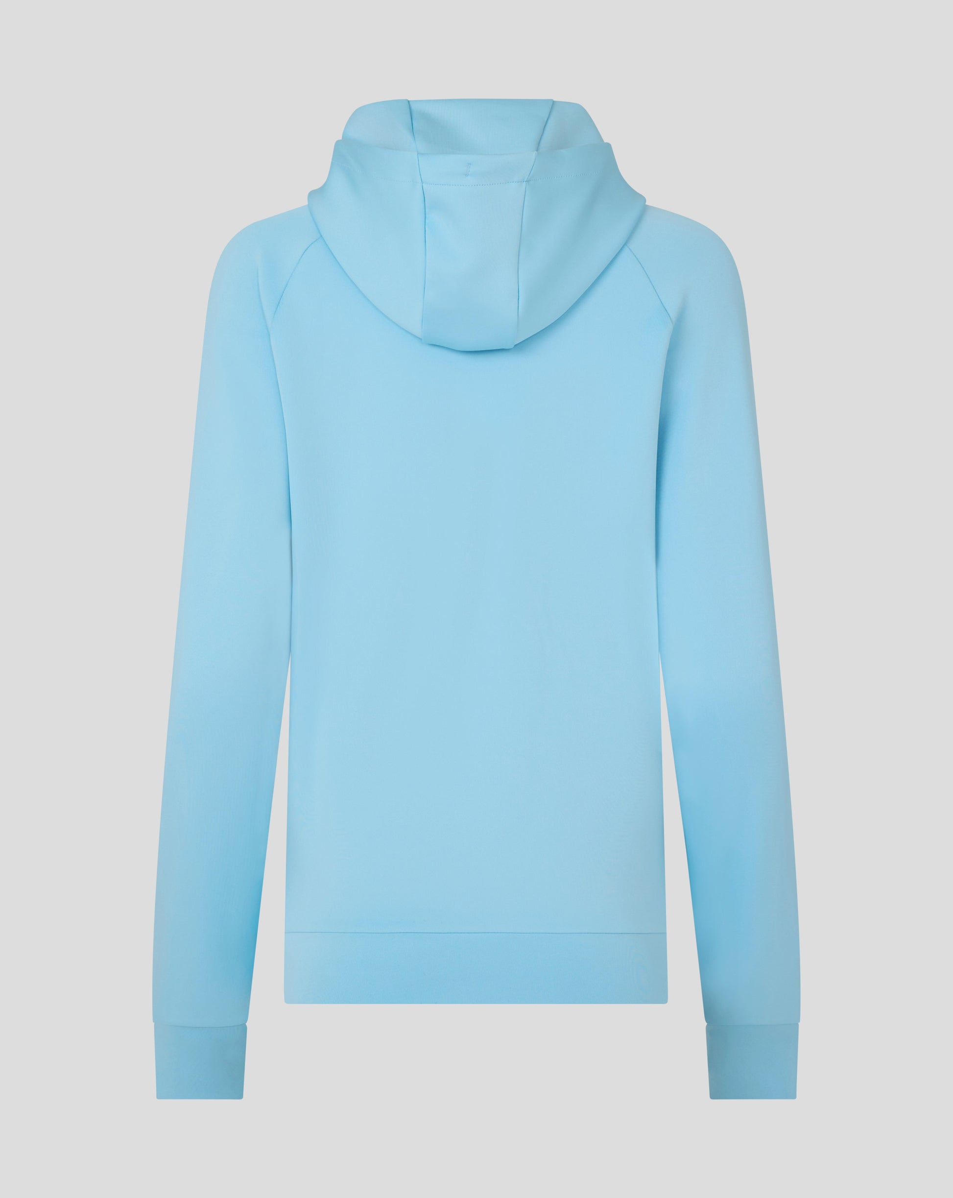 Rear view of light blue Harlequins presentation scuba hoodie with the hood up